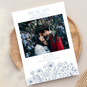 Wildflowers Elegant  Boho Dusty Blue Photo Wedding Save The Date