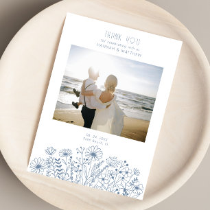 Wildflowers Elegant Boho Dusty Blue Photo Wedding  Thank You Card