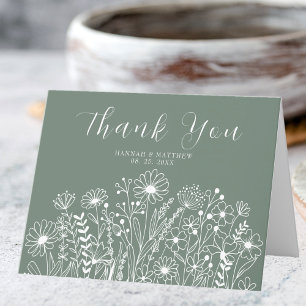 Wildflowers Elegant  Boho Sage Green Wedding Thank You Card