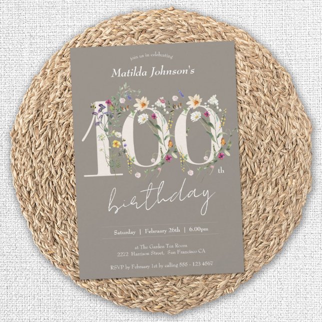 Wildflowers Elegant Floral 100th Birthday Party Invitation (100th Birthday Wildflowers Elegant Floral Invitation)