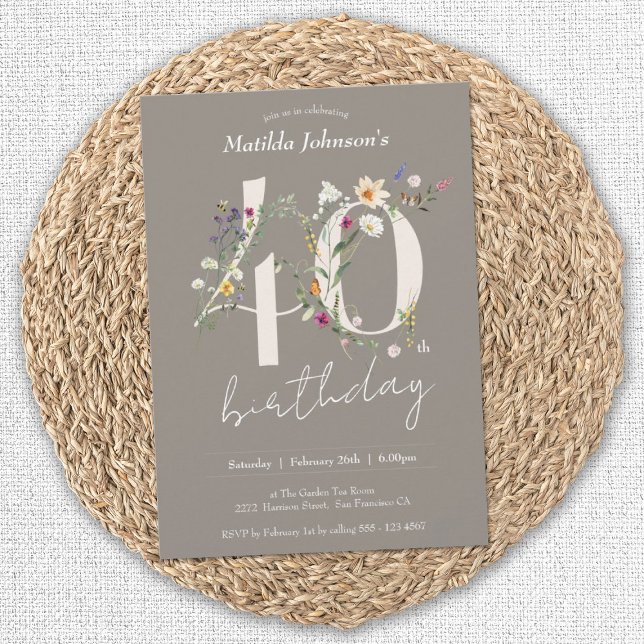 Wildflowers Elegant Floral 40th Birthday Invitation (40th Birthday Wildflowers Elegant Floral Invitation)