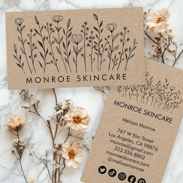 Wildflowers Elegant Line Art Kraft Social Icons  Business Card (Wildflowers Elegant Line Art Kraft Social Icons Business Card
)
