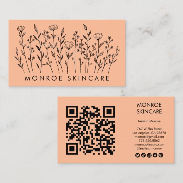 Wildflowers Elegant Line Art QR Code Social Icons Business Card (Front/Back)