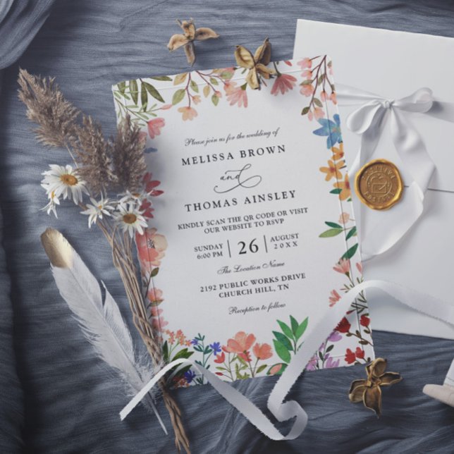 Wildflowers Elegant Modern Chic QR Code Wedding Invitation (Creator Uploaded)