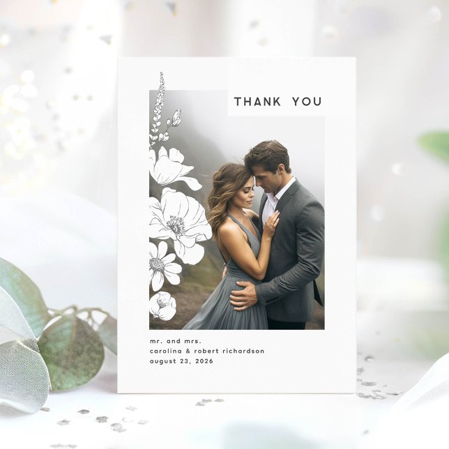 Wildflowers Elegant Modern Wedding Thank You Photo (Hand-drawn Wildflowers Thank You Photo Card)