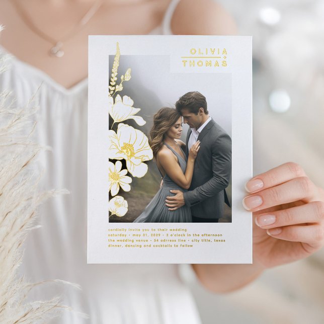 Wildflowers Elegant Romantic Wedding Photo (Gold Foil Flowers Wedding Photo Invitation)