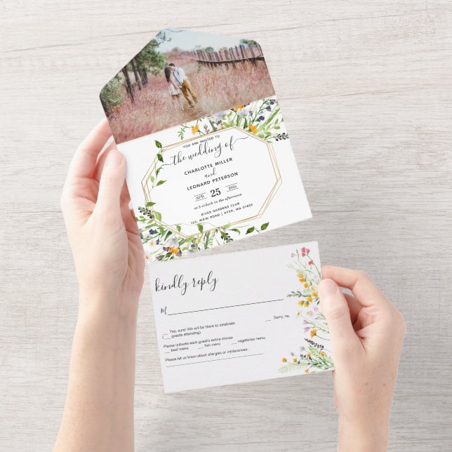 Wildflowers elegant Wedding photo All In One Invitation (Tearaway)