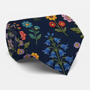 Wildflowers Faux Silk   Vintage Embroidery Style  Tie