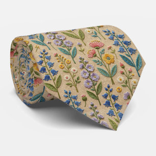 Wildflowers Faux Silk Vintage Embroidery Style Tie