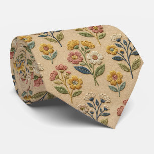 Wildflowers Faux Silk Vintage Embroidery Style Tie