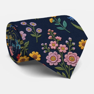 Wildflowers Faux Silk   Vintage Embroidery Style  Tie
