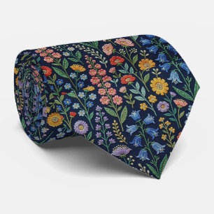 Wildflowers Faux Silk   Vintage Embroidery Style  Tie