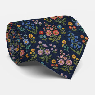 Wildflowers Faux Silk   Vintage Embroidery Style  Tie