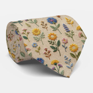 Wildflowers Faux Silk Vintage Embroidery Style Tie
