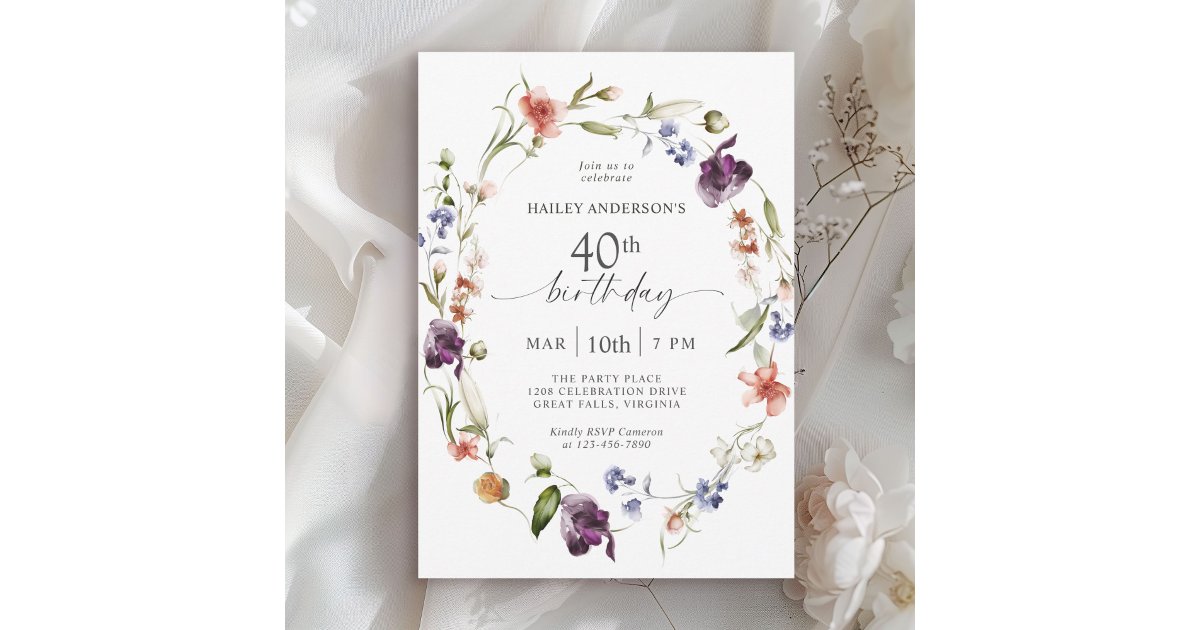 Wildflowers Feminine Floral 40th Birthday Party Invitation | Zazzle