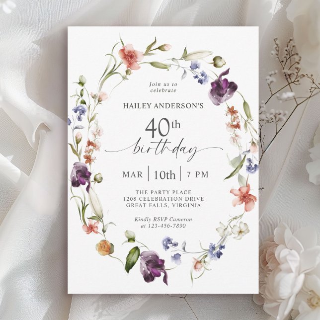 Wildflowers Feminine Floral 40th Birthday Party Invitation (Available in printed and instant download digital formats.)