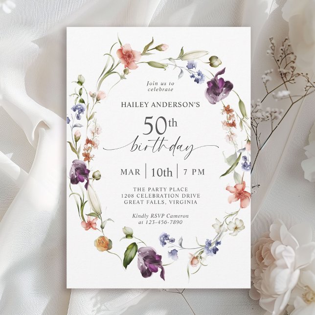 Wildflowers Feminine Floral 50th Birthday Party Invitation (Available in both printed and instant download digital formats.)