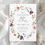 Wildflowers Feminine Floral 60th Birthday Party Invitation<br><div class="desc">Celebrate a 60th birthday in lovely feminine style with this modern floral wildflowers birthday party invitation. A beautiful watercolor painted wreath of mixed wildflowers in hues of pink, purple, peach, blue and white with scattered greenery make this invitation pop with style. Personalise the text template with your party info. This...</div>