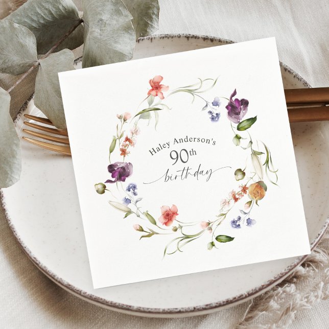 Wildflowers Feminine Floral 90th Birthday Party Napkin (Creator Uploaded)