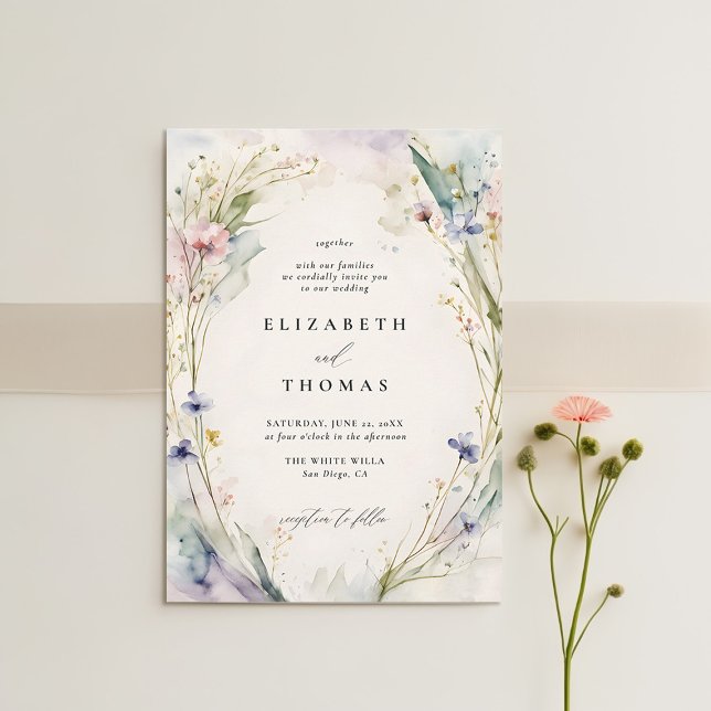 Wildflowers Fête Romantic Elegant Ecru Wedding Invitation (wildflower wedding theme invitation watercolor ecru garden modern classic elegant spring summer)