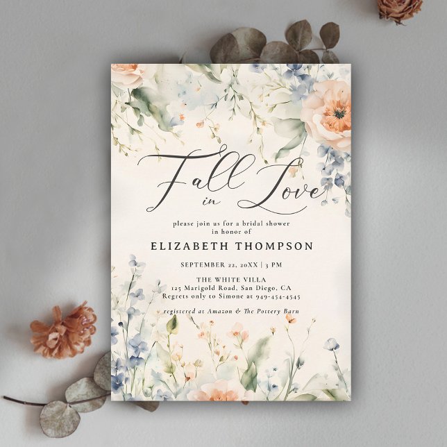 Wildflowers Fête Romantic Fall Love Bridal Shower Invitation (fall in love bridal shower invitation wildflowers terracotta watercolor elegant modern feminine chic)
