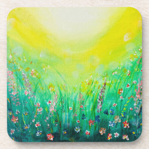 Wildflowers field colourful green yellow coaster