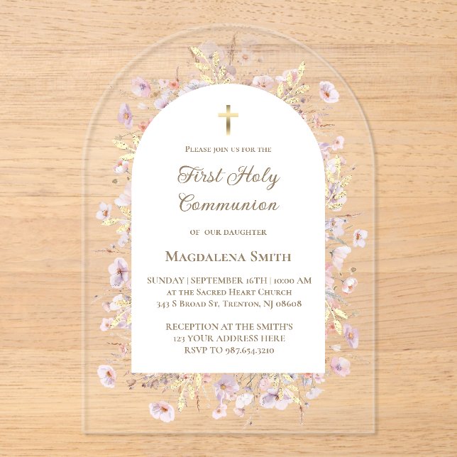 wildflowers First Holy Communion  Acrylic Invitations (Front)