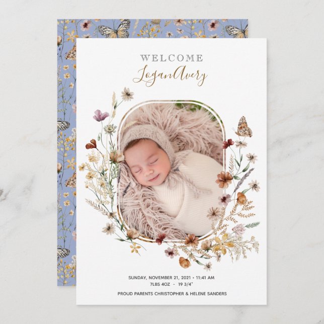 Wildflowers Floral Add Photo New Baby Birth  Annou Announcement (Front/Back)