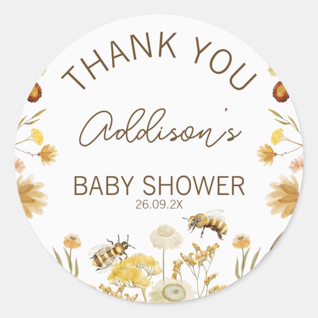 Wildflowers Floral Bee Baby Shower Favour Sticker (Front)