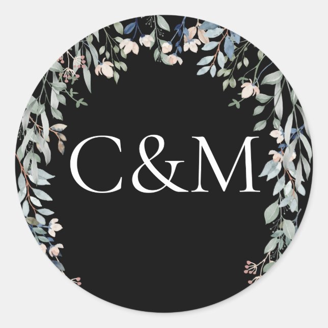 Wildflowers Floral Black And White Monogram Classic Round Sticker (Front)