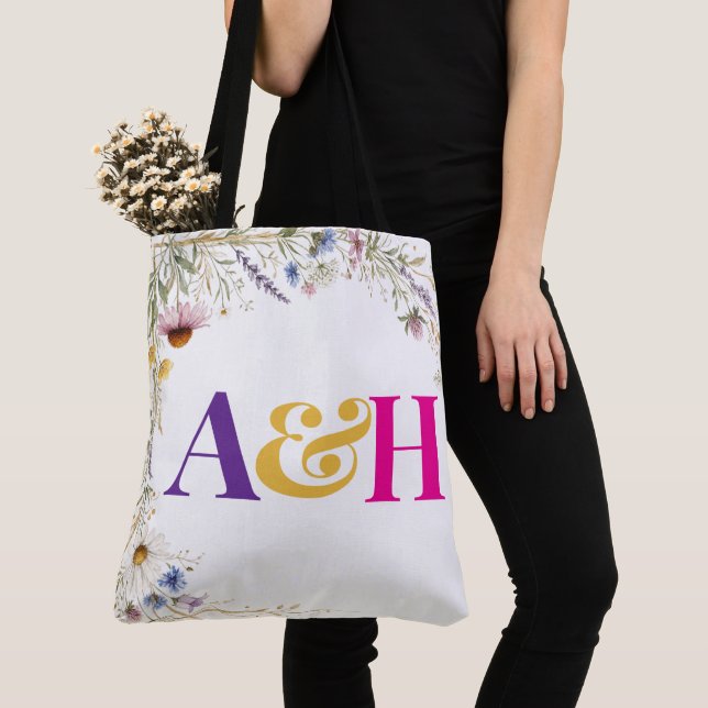 Wildflowers Floral Botanical, Monogram Editable Tote Bag (Close Up)