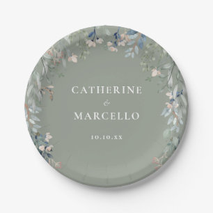 Wildflowers Floral Cascade Sage Green Wedding Paper Plate