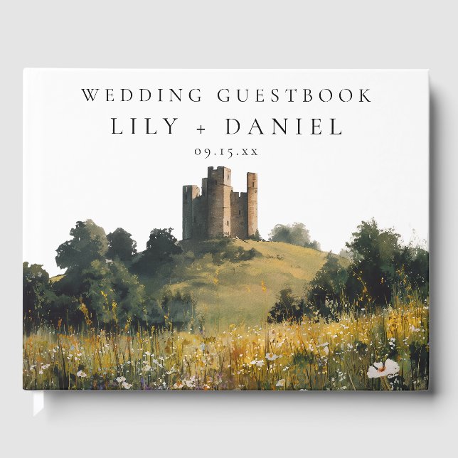 Wildflowers Floral Castle Watercolor Wedding Guest Book (Front)