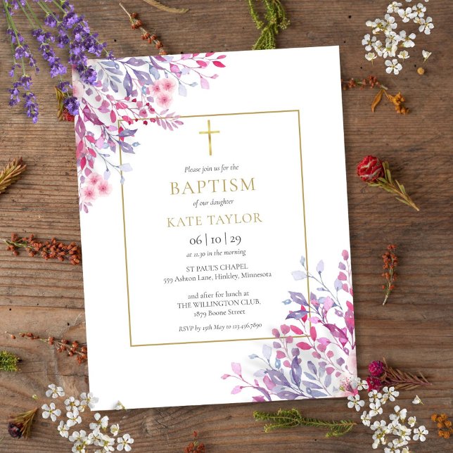 Wildflowers Floral Gold Baptism Christening Invitation Postcard (Wildflowers Floral Gold Baptism Christening Invitation Postcard)