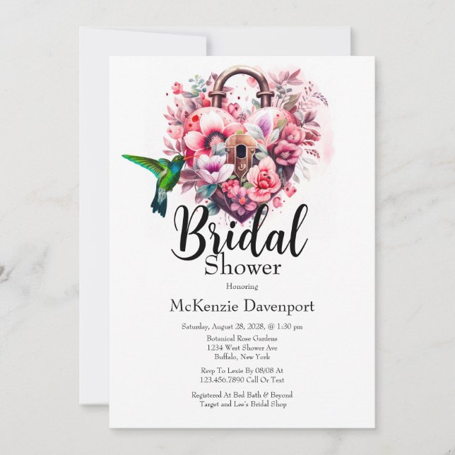  Wildflowers Floral Heart Key Lock Bridal Shower Invitation (Front)