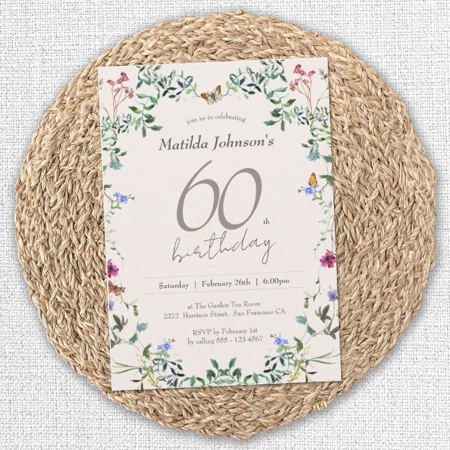 Wildflowers Floral Modern 60th Birthday Party Invitation (Elegant 60th Birthday Wildflowers Floral Invitation)