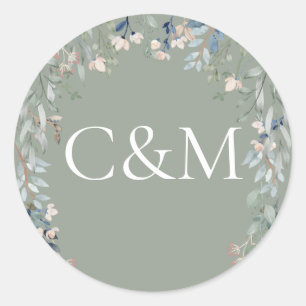 Wildflowers Floral Sage Green Monogram Classic Round Sticker