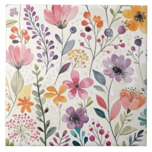 Wildflowers floral Whimsical Pattern Ceramic Tile