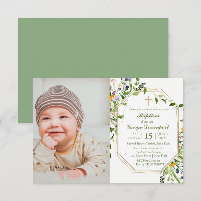 Wildflowers frame Baptism  custom photo Invitation (Front/Back)