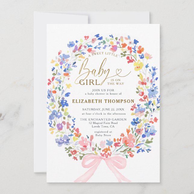 Wildflowers Garden Bow Sweet Baby Girl Shower Invitation (Front)