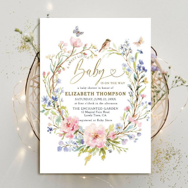 Wildflowers Garden Forest Sweet Little Baby Shower Invitation (sweet little baby shower invitation fairy enchanted garden woodland forest spring summer wildflowers)