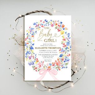 Wildflowers Garden Pink Bow Oh Baby Girl Shower Invitation