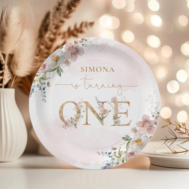 Wildflowers girl 1st birthday blush pink floral paper plate (Creator Uploaded)