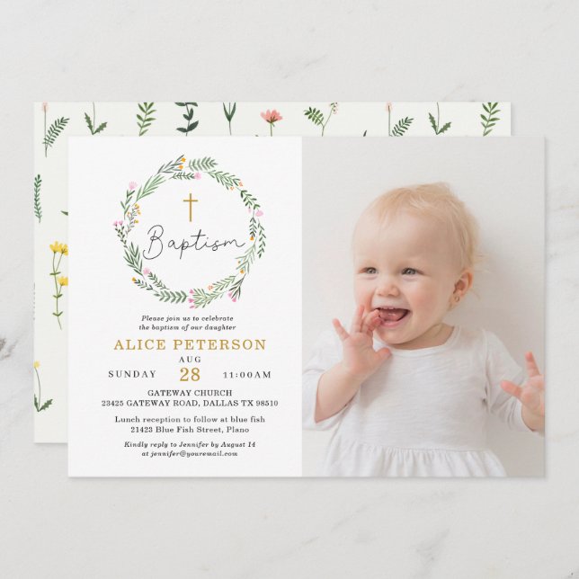Wildflowers Girl Baptism Celebration Photo Invitation (Front/Back)