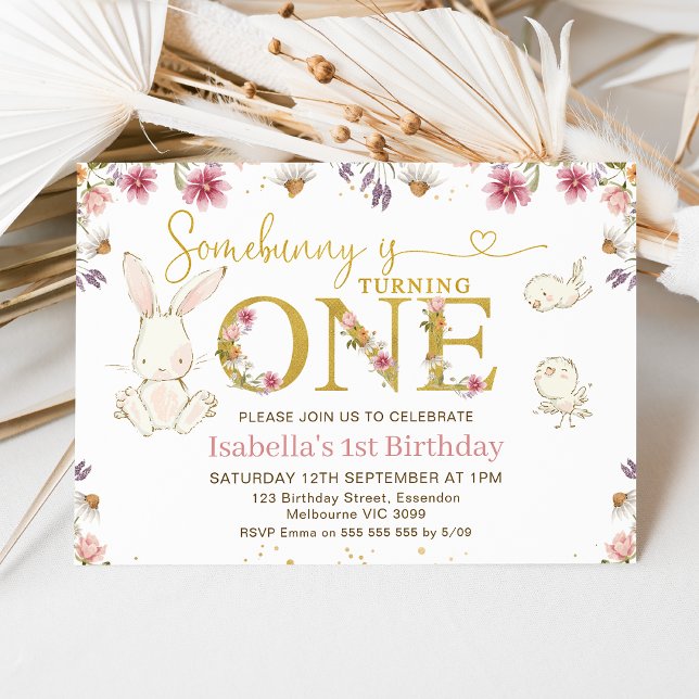 Wildflowers Girls Some Bunny 1st Birthday Invitation (Some bunny is turning one 1st birthday invitation with wildflowers and faux gold one.)