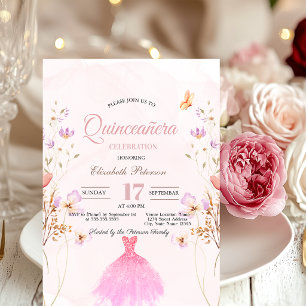 Wildflowers Glitter Dress Pink Quinceanera Invitation