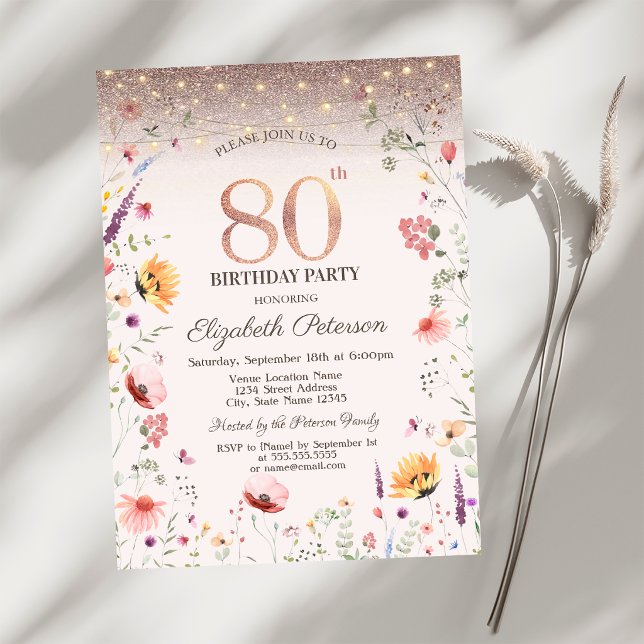 Wildflowers Glitter String Lights 80th Birthday   Invitation (Creator Uploaded)