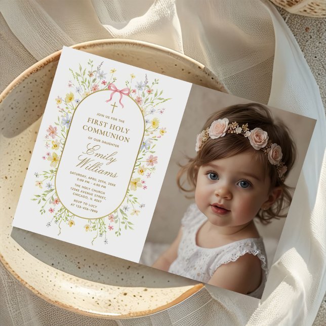 Wildflowers Gold Cross First Communion Photo Invitation (Creator Uploaded)