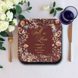 Wildflowers Gold 'Fall in Love' Elegant Wedding Paper Plate