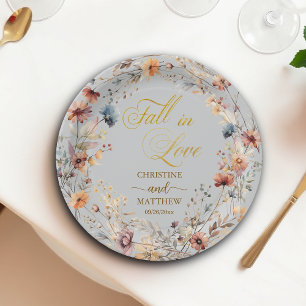 Wildflowers Gold 'Fall in Love' Elegant Wedding Paper Plate